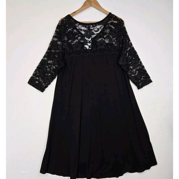 Karen Kane Swing Midi Dress 2X Black Knit Lace Yoke Long Sleeve Whimsigoth Boho - Picture 7 of 15